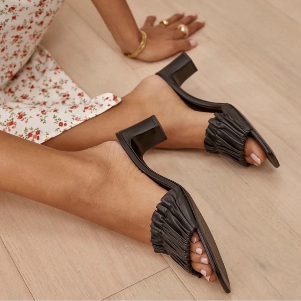 Reformation Shereen black ruched mules